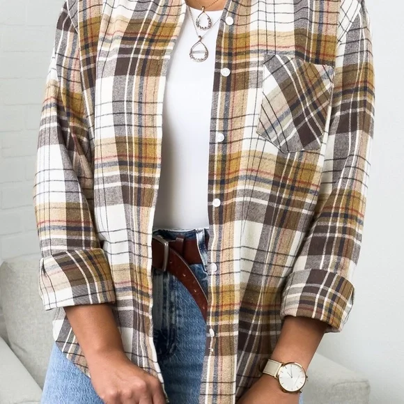 Oversized Long Sleeve Fall Flannel | Tan - Picture 6 of 7